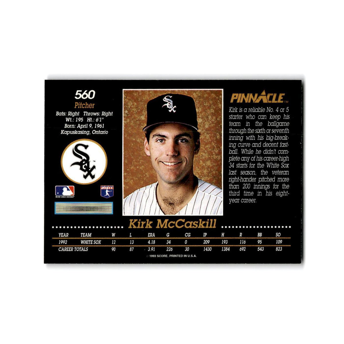 Kirk McCaskill 1993 Pinnacle #560 Chicago White Sox Baseball Card NM