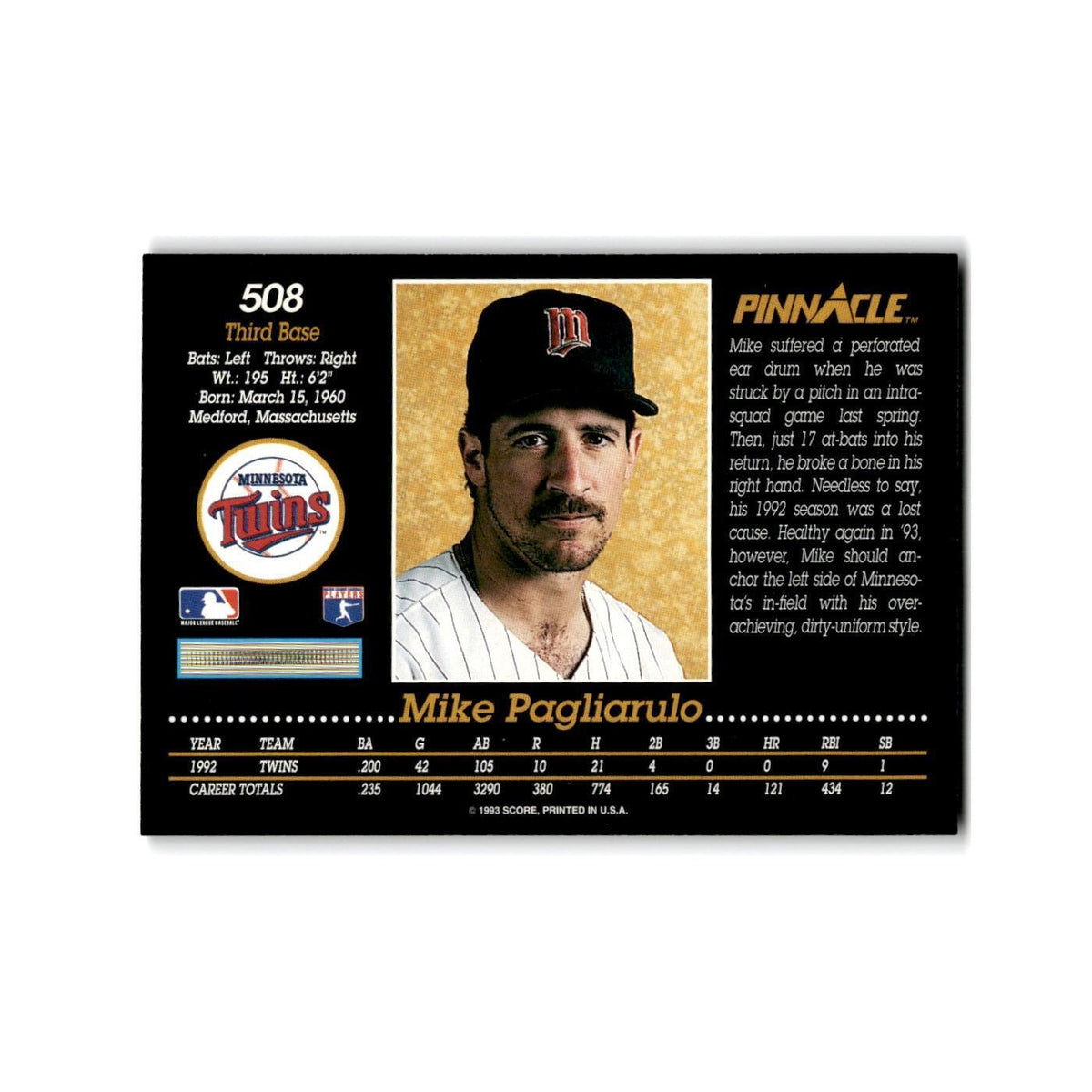 Mike Pagliarulo 1993 Pinnacle #508 Minnesota Twins Baseball Card NM