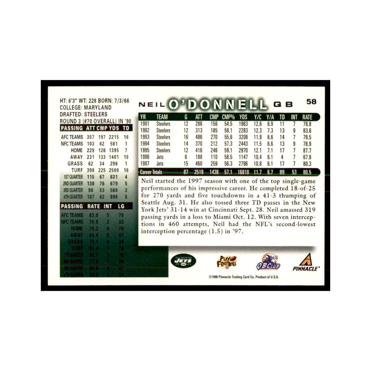 1998 Score Neil O'Donnell Football Cards #58