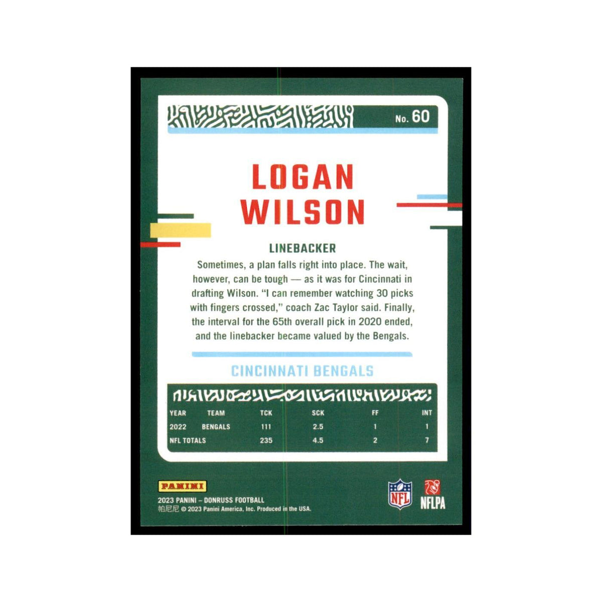 Logan Wilson 2023 Donruss #60 Cincinnati Bengals Football Card NM