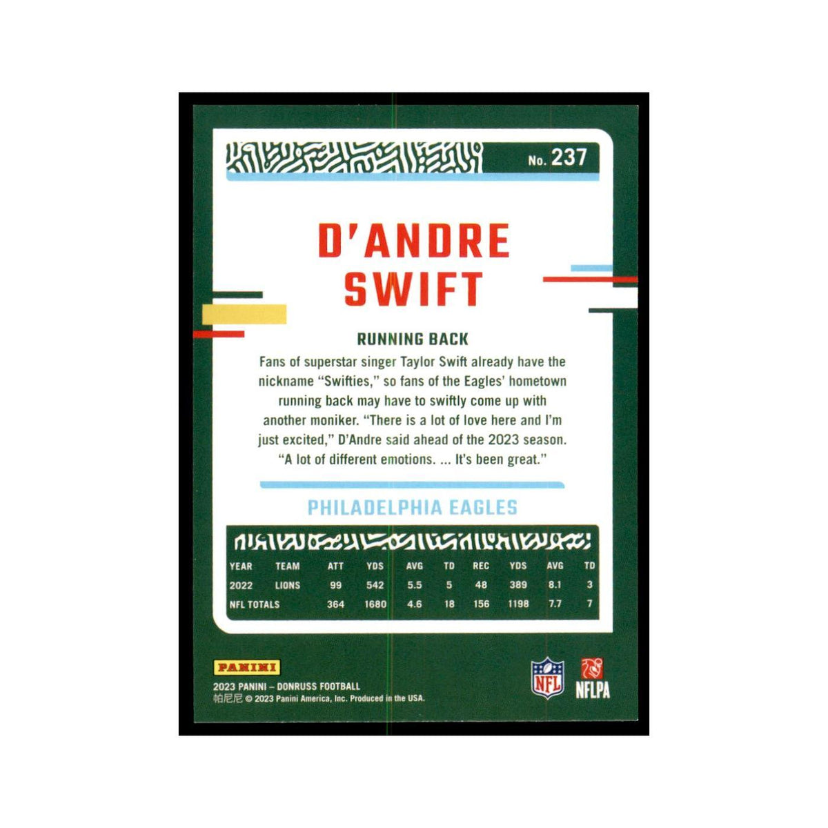 D'Andre Swift 2023 Donruss #237 Philadelphia Eagles Football Card NM