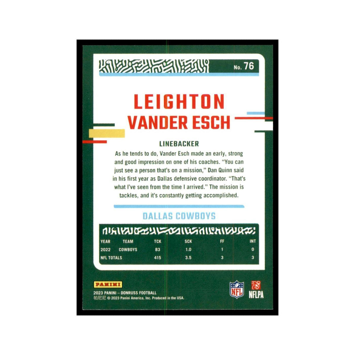 Leighton Vander Esch 2023 Donruss #76 Dallas Cowboys Football Card NM