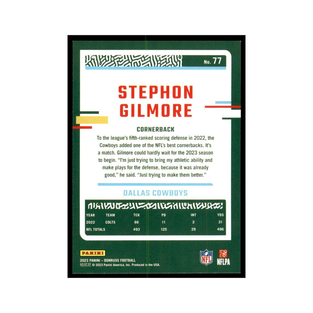 Stephon Gilmore 2023 Donruss #77 Dallas Cowboys Football Card NM