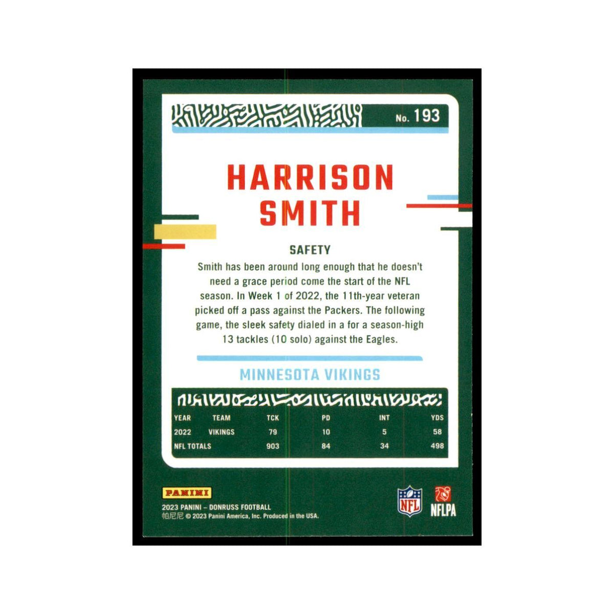 Harrison Smith 2023 Donruss #193 Minnesota Vikings Football Card NM
