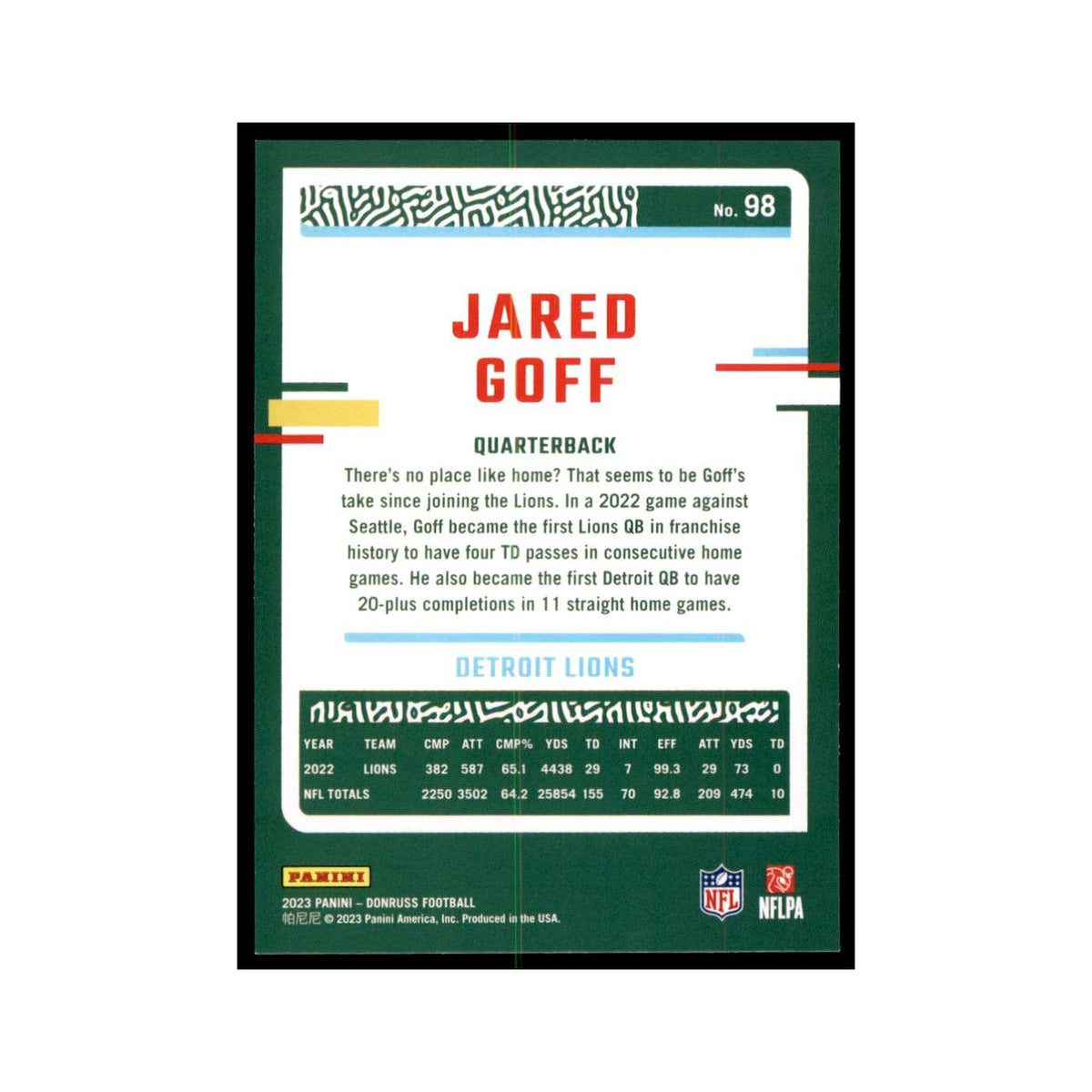 Jared Goff 2023 Donruss #98 Detroit Lions Football Card NM
