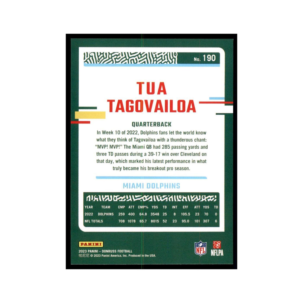 Tua Tagovailoa 2023 Donruss #190 Miami Dolphins Football Card NM