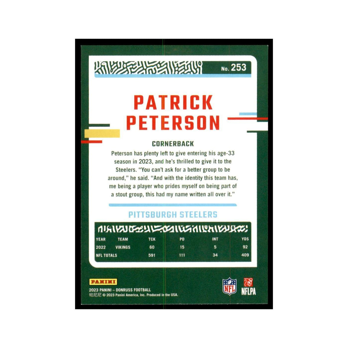Patrick Peterson 2023 Donruss #253 Pittsburgh Steelers Football Card NM