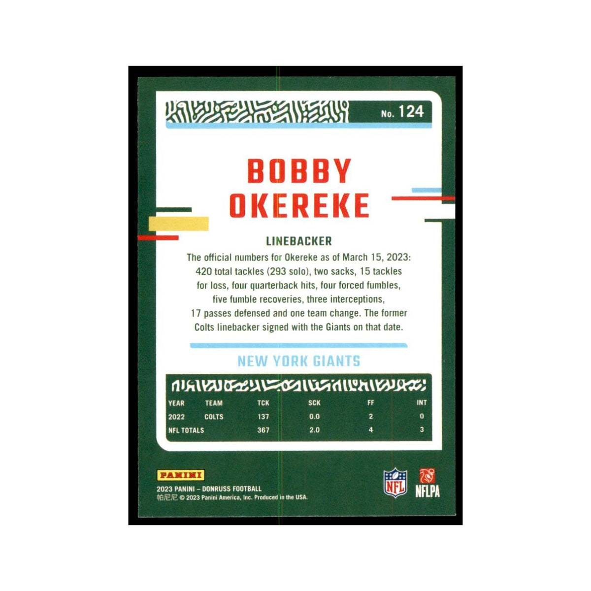 Bobby Okereke 2023 Donruss #124 Indianapolis Colts Football Card NM
