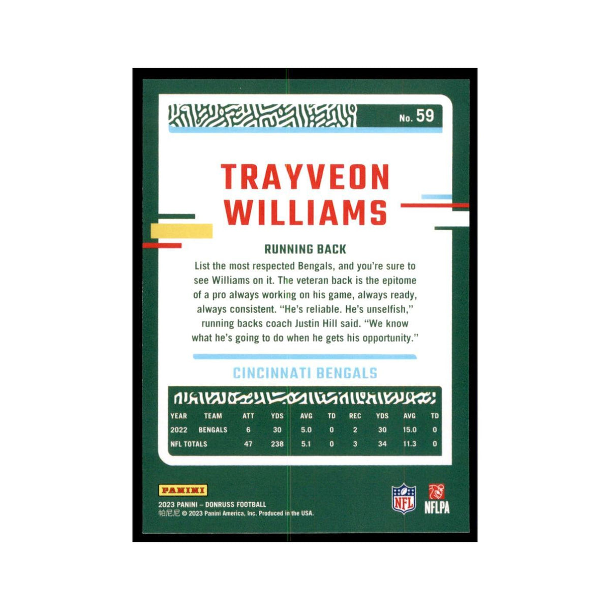 Trayveon Williams 2023 Donruss #59 Cincinnati Bengals Football Card NM