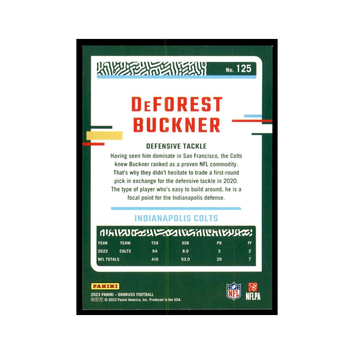 DeForest Buckner 2023 Donruss #125 Indianapolis Colts Football Card NM