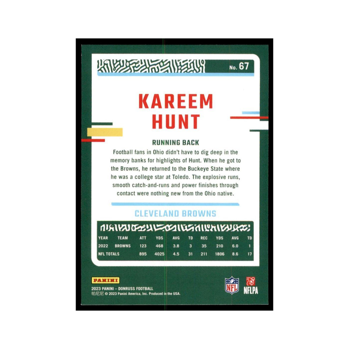 Kareem Hunt 2023 Donruss #67 Cleveland Browns Football Card NM