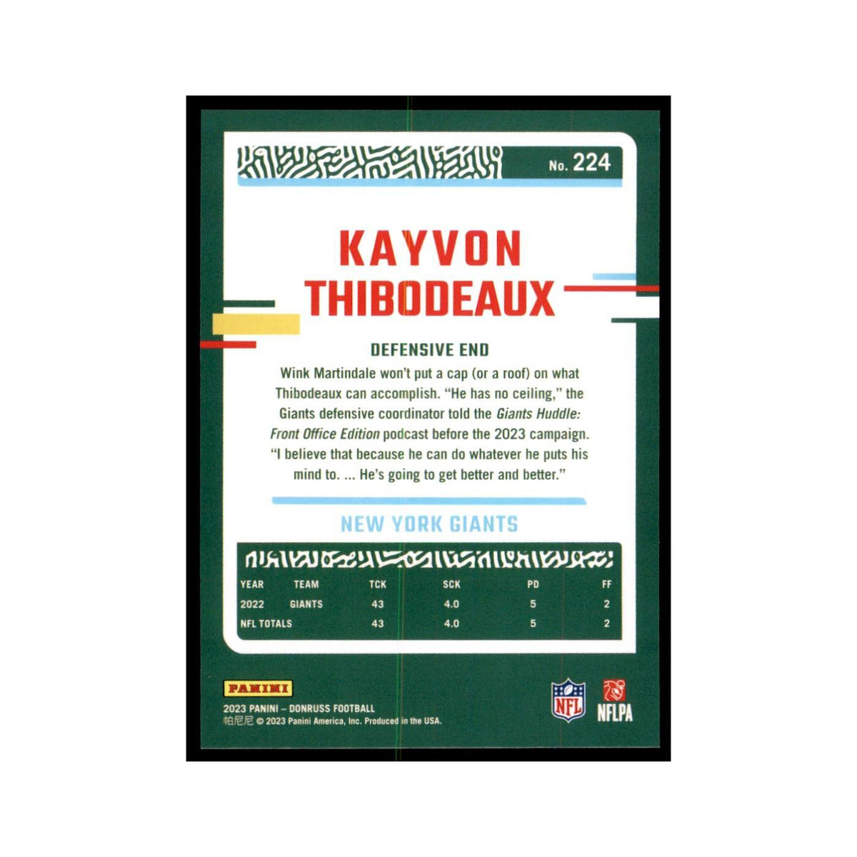 Kayvon Thibodeaux 2023 Donruss #224 New York Giants Football Card NM