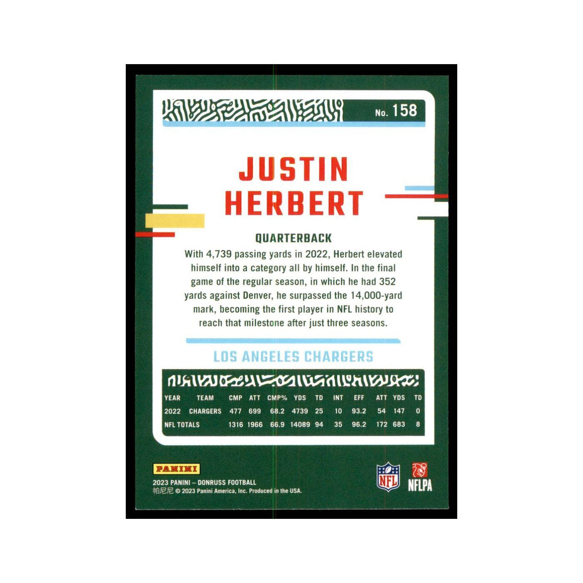 Justin Herbert 2023 Donruss #158 Los Angeles Chargers Football Card NM