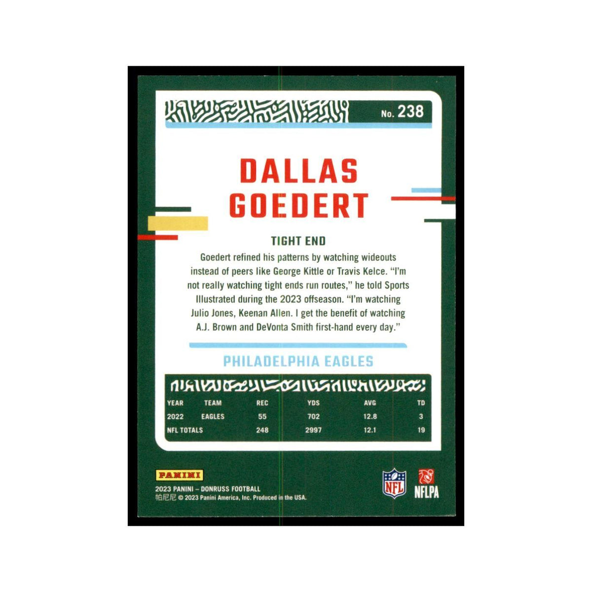 Dallas Goedert 2023 Donruss #238 Philadelphia Eagles Football Card NM