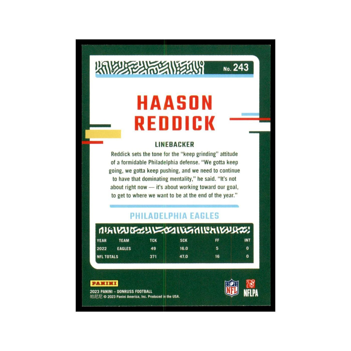 Haason Reddick 2023 Donruss #243 Philadelphia Eagles Football Card NM