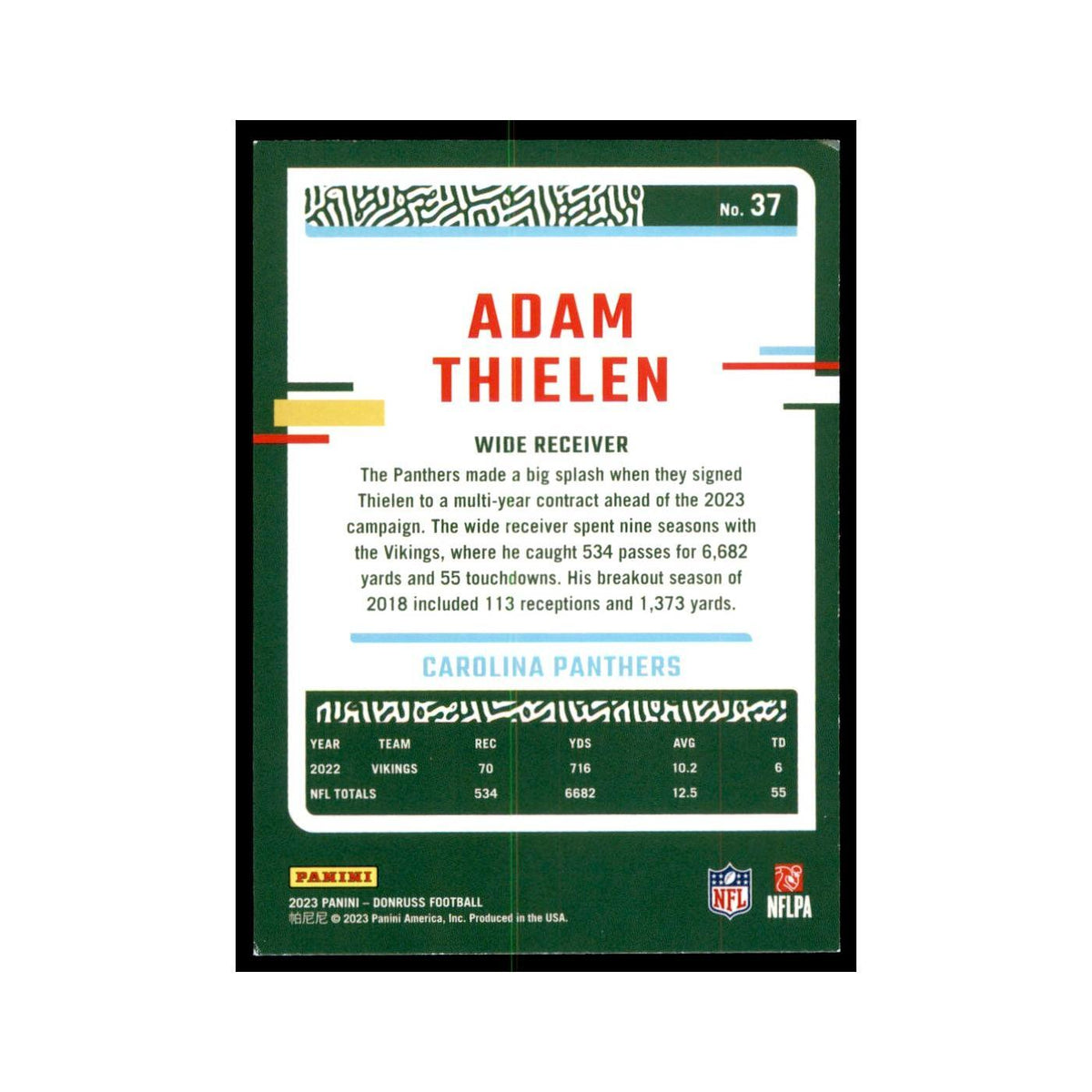 Adam Thielen 2023 Donruss #37 Carolina Panthers Football Card NM