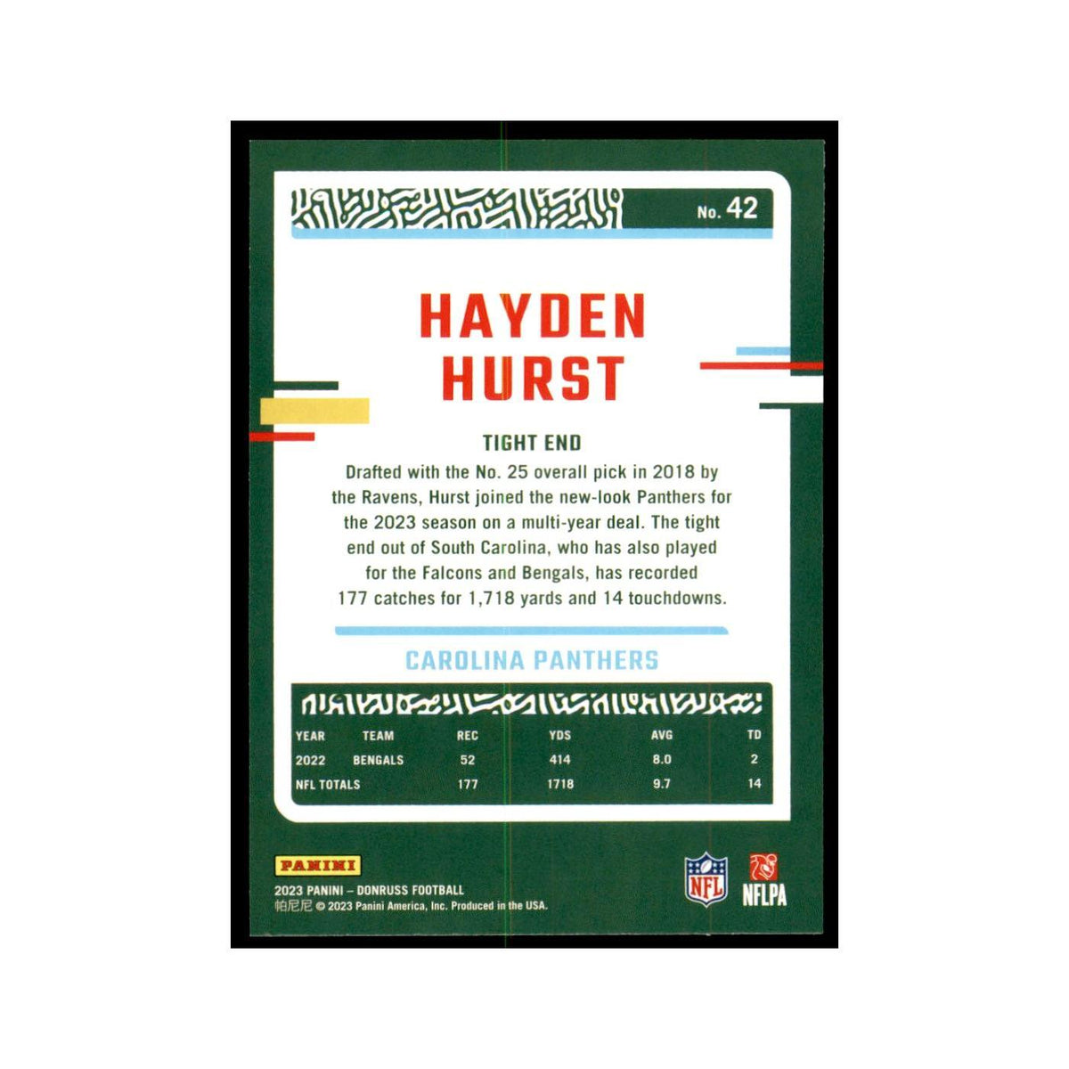 Hayden Hurst 2023 Donruss #42 Carolina Panthers Football Card NM