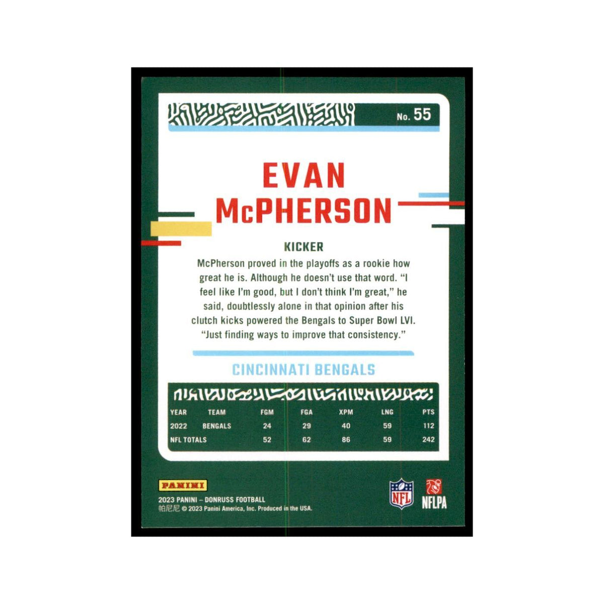 Evan McPherson 2023 Donruss #55 Cincinnati Bengals Football Card NM