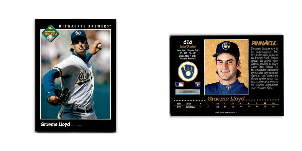 Graeme Lloyd Rookie 1993 Pinnacle #616 Milwaukee Brewers Baseball Card NM