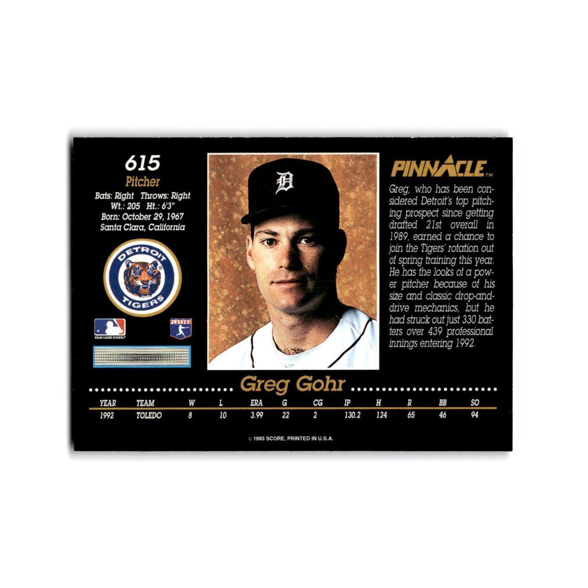 Greg Gohr Rookie 1993 Pinnacle #615 Detroit Tigers Baseball Card NM