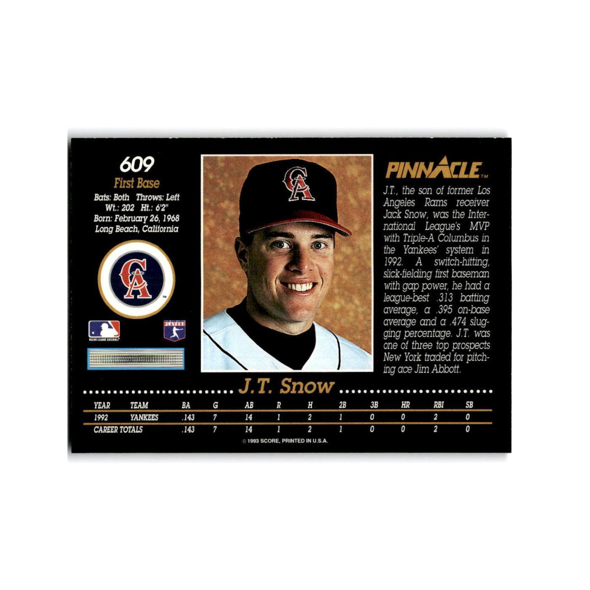 J.T. Snow Rookie 1993 Pinnacle #609 California Angels Baseball Card NM