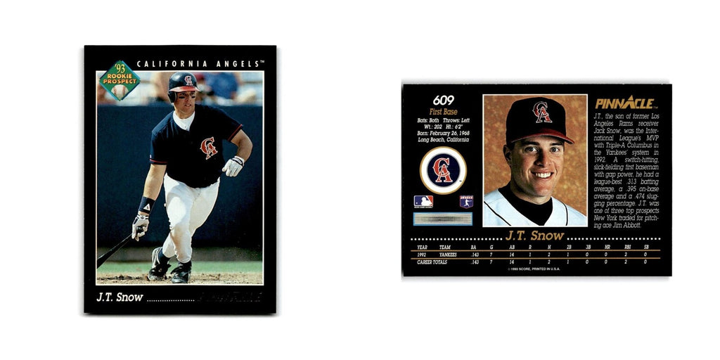 J.T. Snow Rookie 1993 Pinnacle #609 California Angels Baseball Card NM