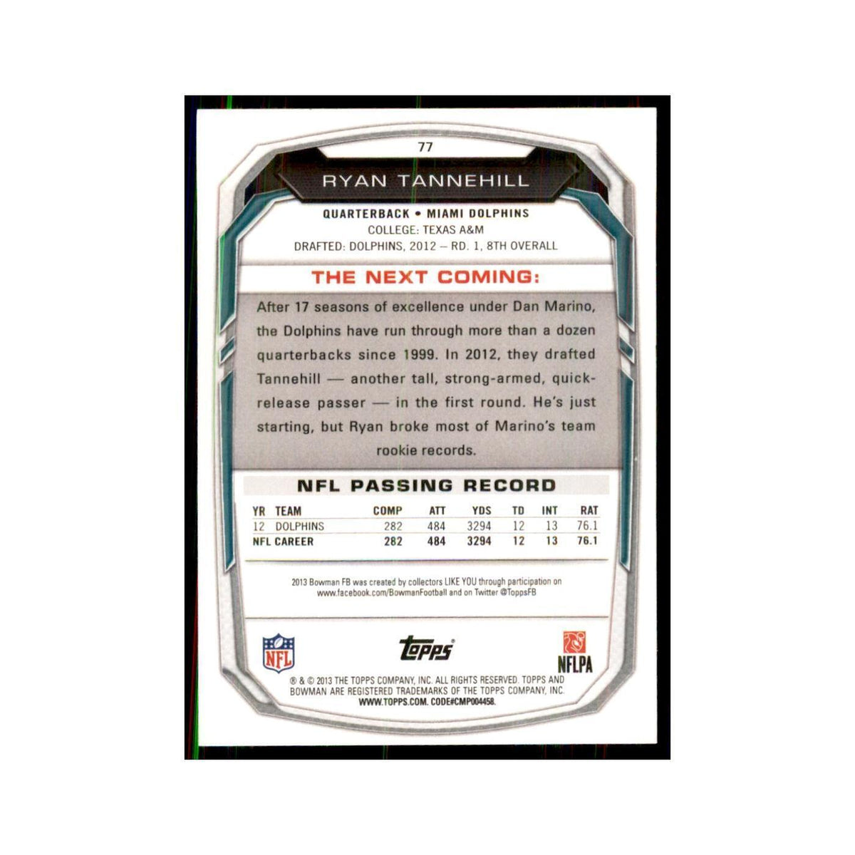 2013 Bowman Ryan Tannehill Football Cards #77