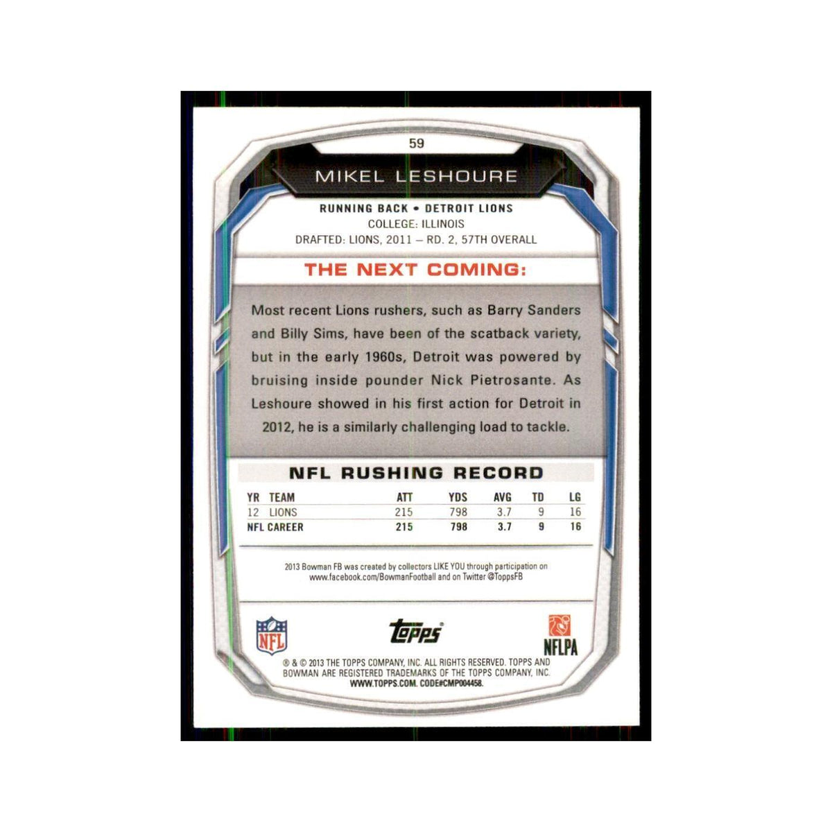 2013 Bowman Mikel Leshoure Football Cards #59