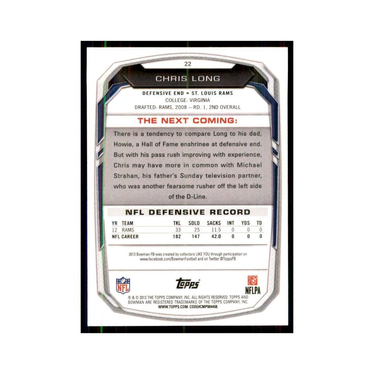 2013 Bowman Chris Long Football Cards #22