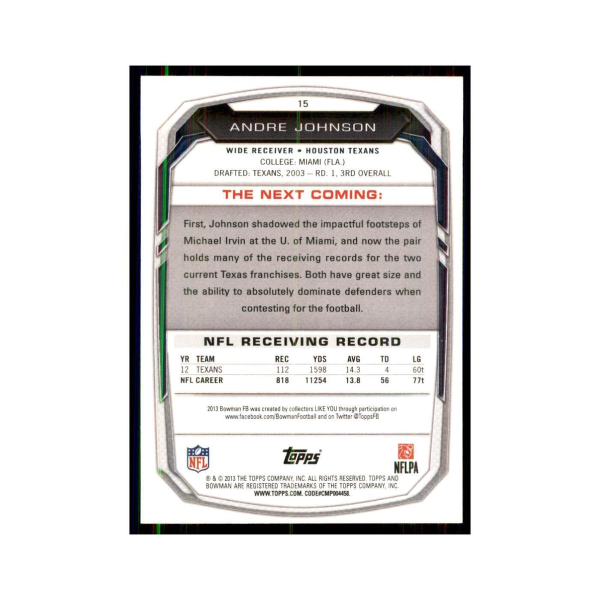 2013 Bowman Andre Johnson Football Cards #15