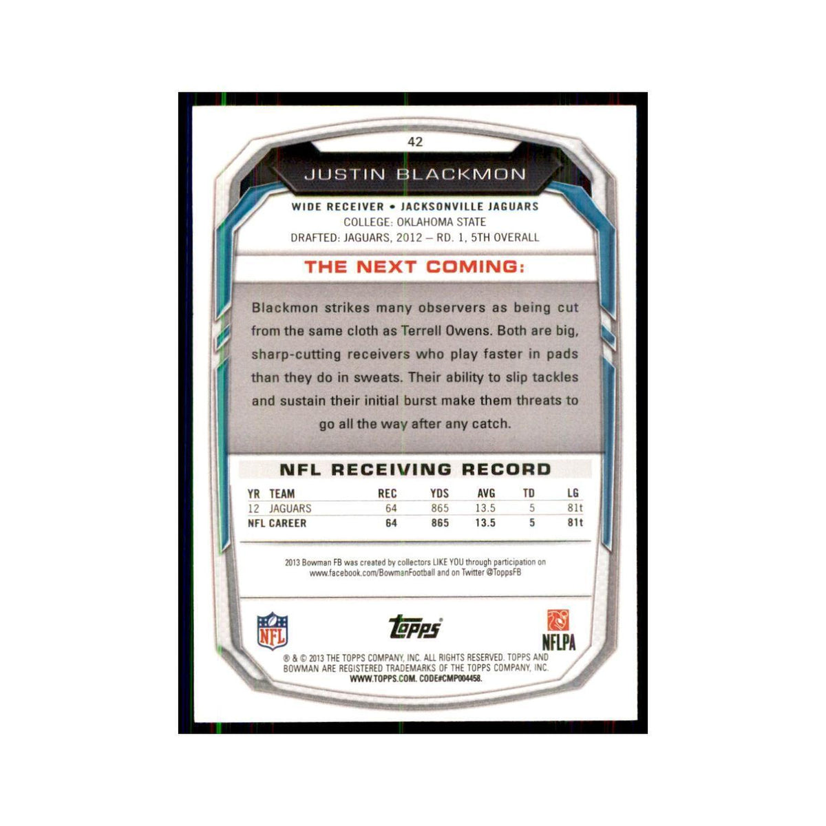 2013 Bowman Justin Blackmon Football Cards #42