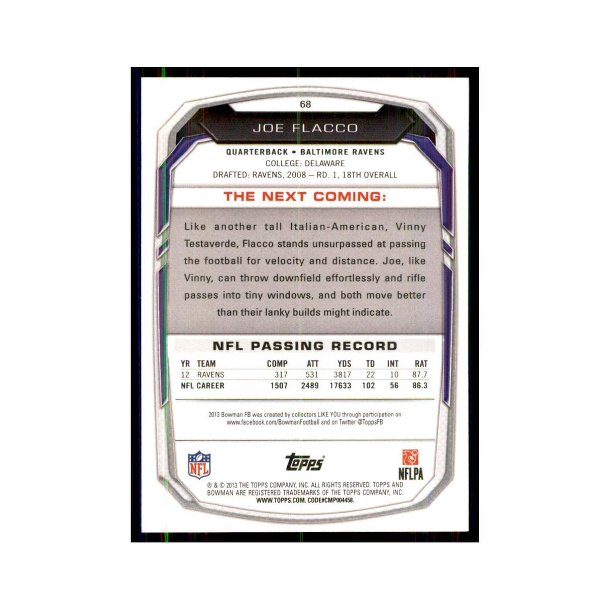2013 Bowman Joe Flacco Football Cards #68