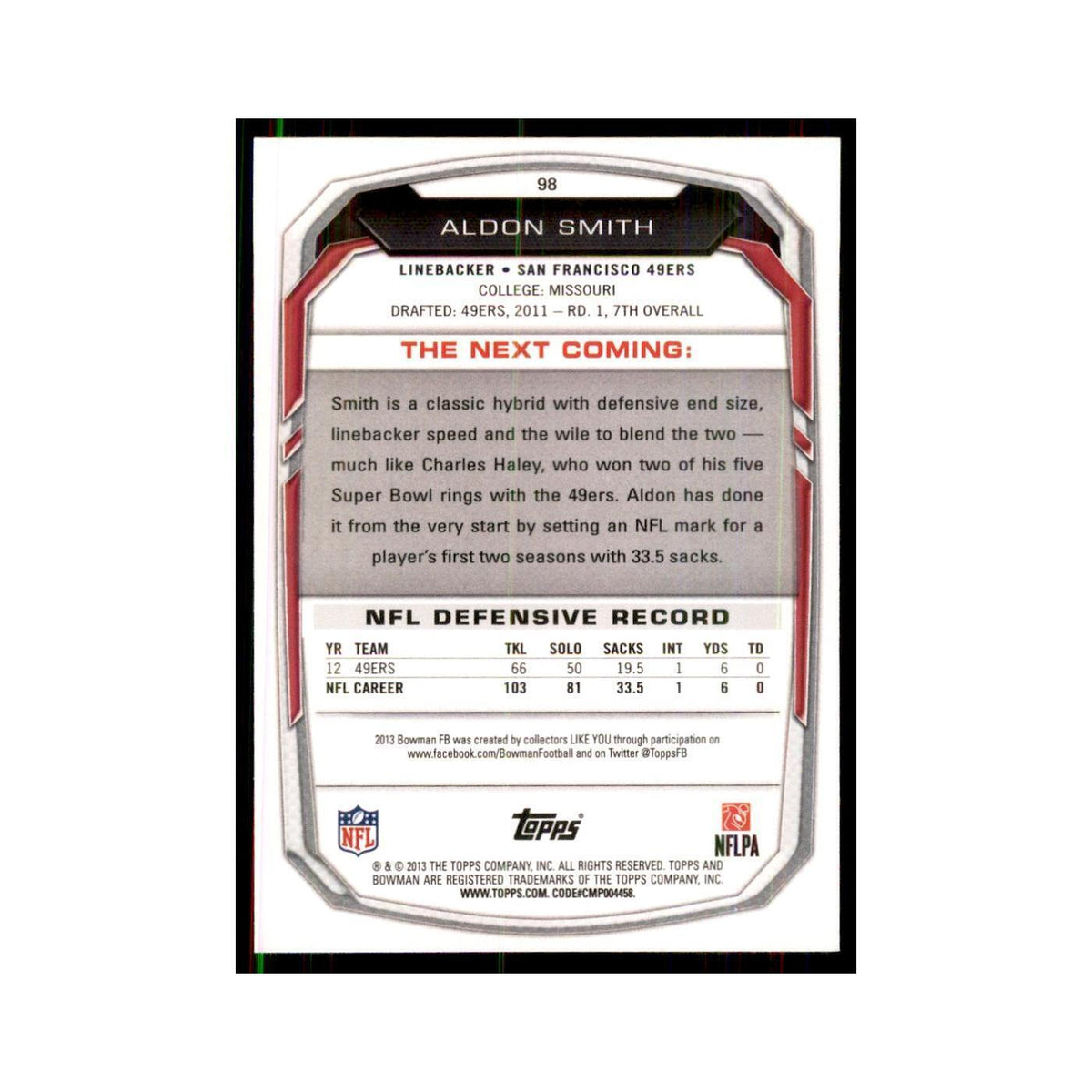 2013 Bowman Aldon Smith Football Cards #98