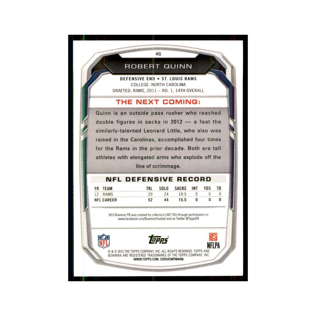 2013 Bowman Robert Quinn Football Cards #46