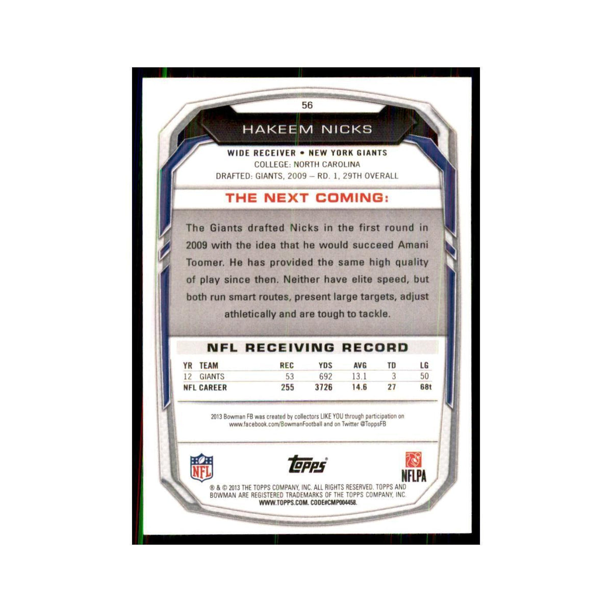 2013 Bowman Hakeem Nicks Football Cards #56