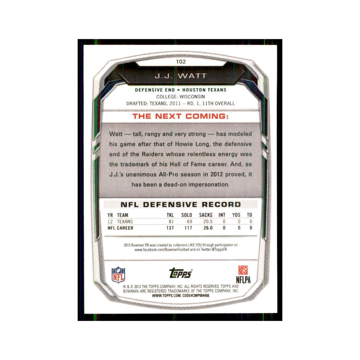 2013 Bowman J.J. Watt Football Cards #102