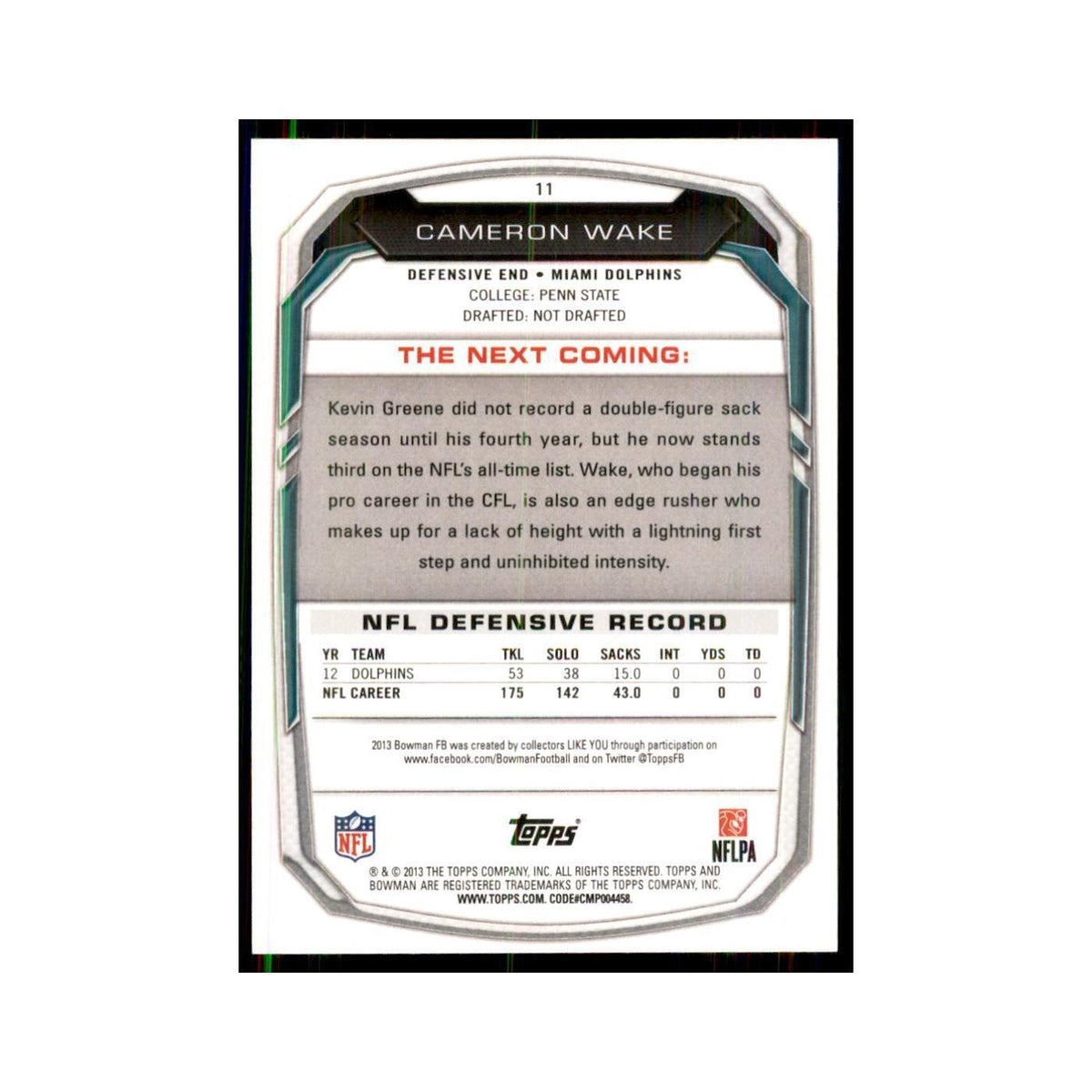 2013 Bowman Cameron Wake Football Cards #11