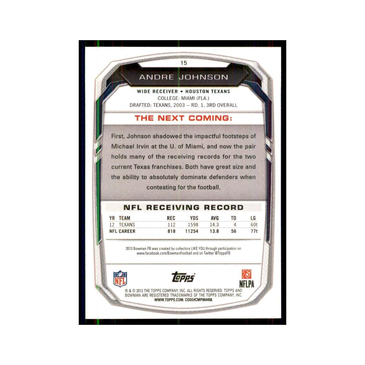 2013 Bowman Andre Johnson Football Cards #15