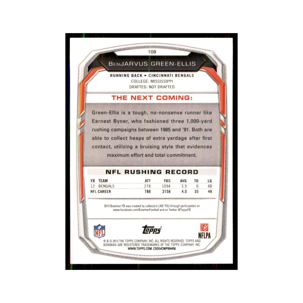 2013 Bowman BenJarvus Green-Ellis Football Cards #108