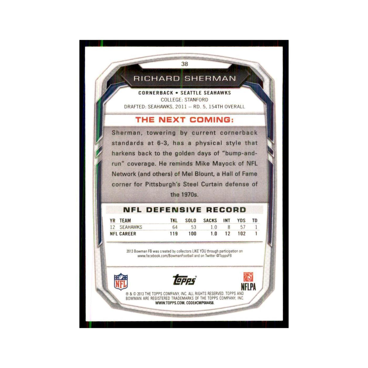 2013 Bowman Richard Sherman Football Cards #38