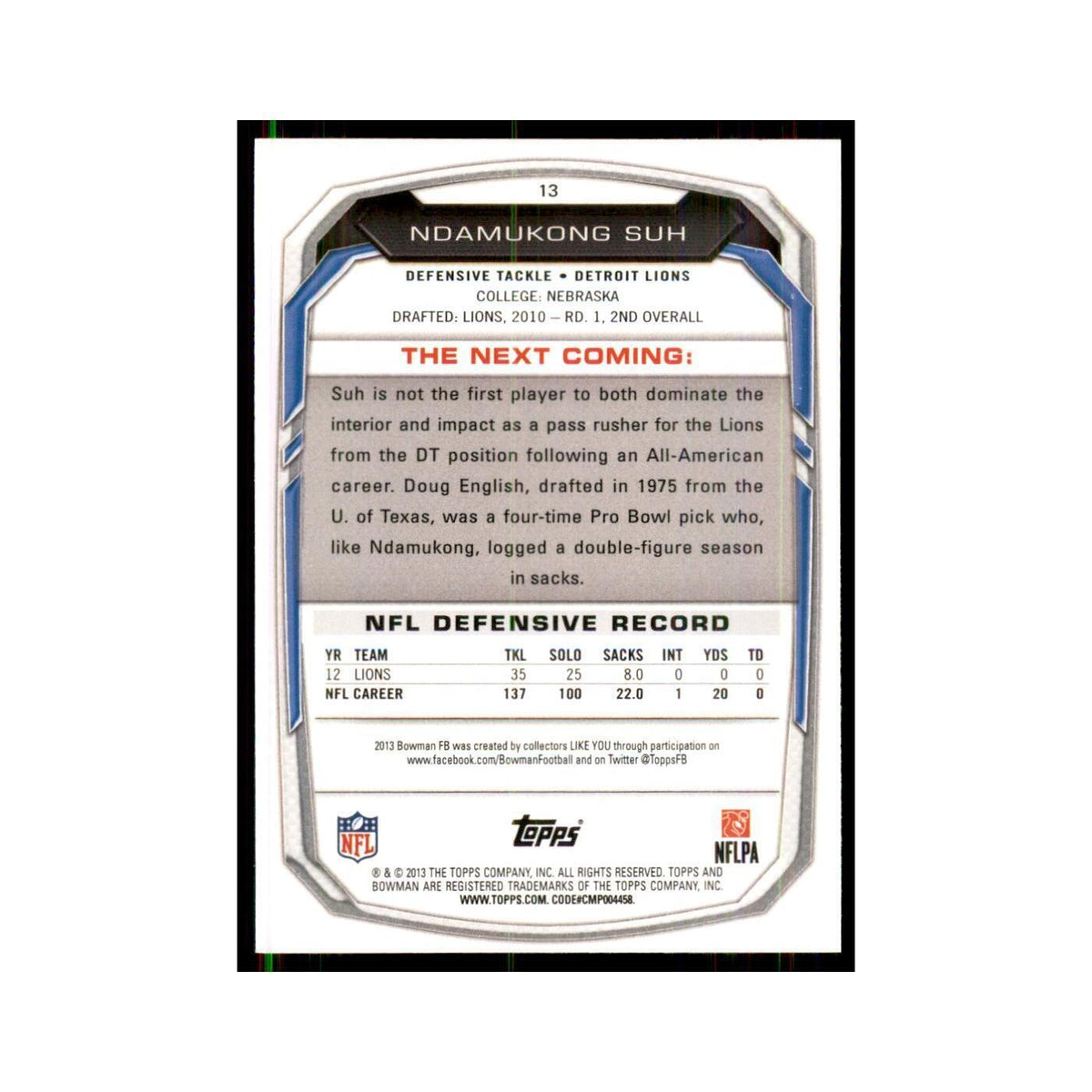 2013 Bowman Ndamukong Suh Football Cards #13