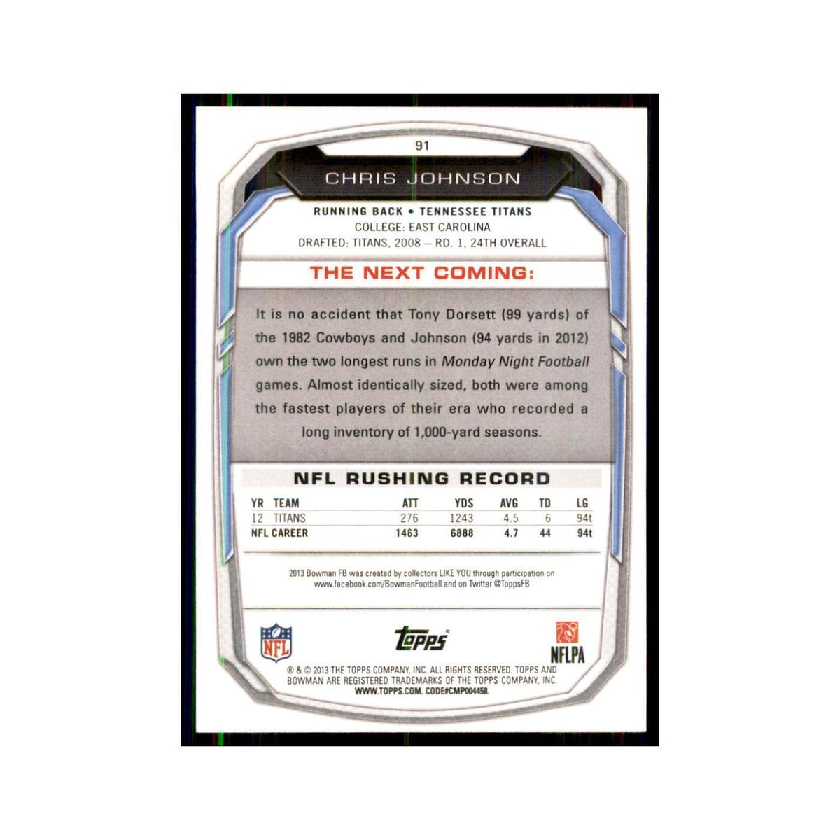 2013 Bowman Chris Johnson Football Cards #91