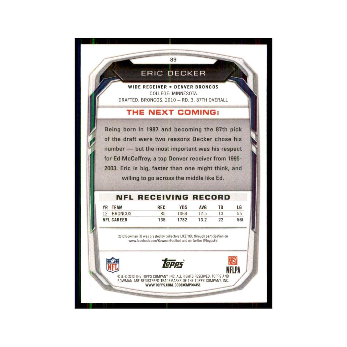 2013 Bowman Eric Decker Football Cards #89