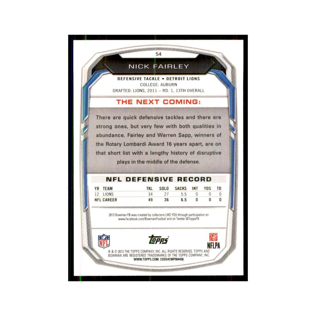 2013 Bowman Nick Fairley Football Cards #54