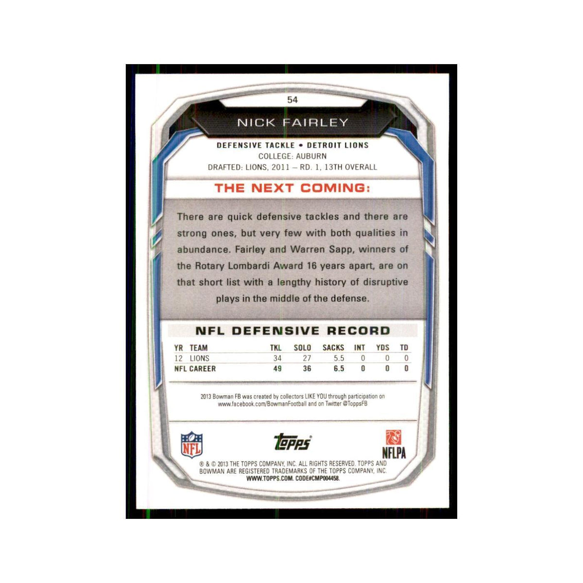 2013 Bowman Nick Fairley Football Cards #54