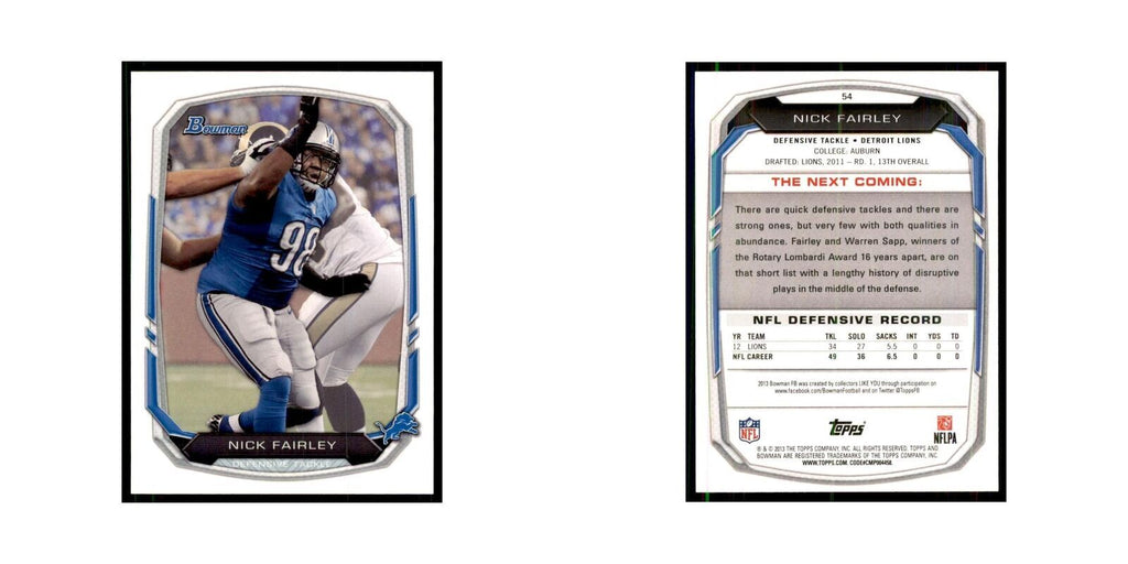 2013 Bowman Nick Fairley Football Cards #54