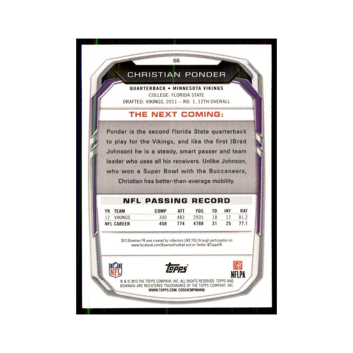 2013 Bowman Christian Ponder Football Cards #66