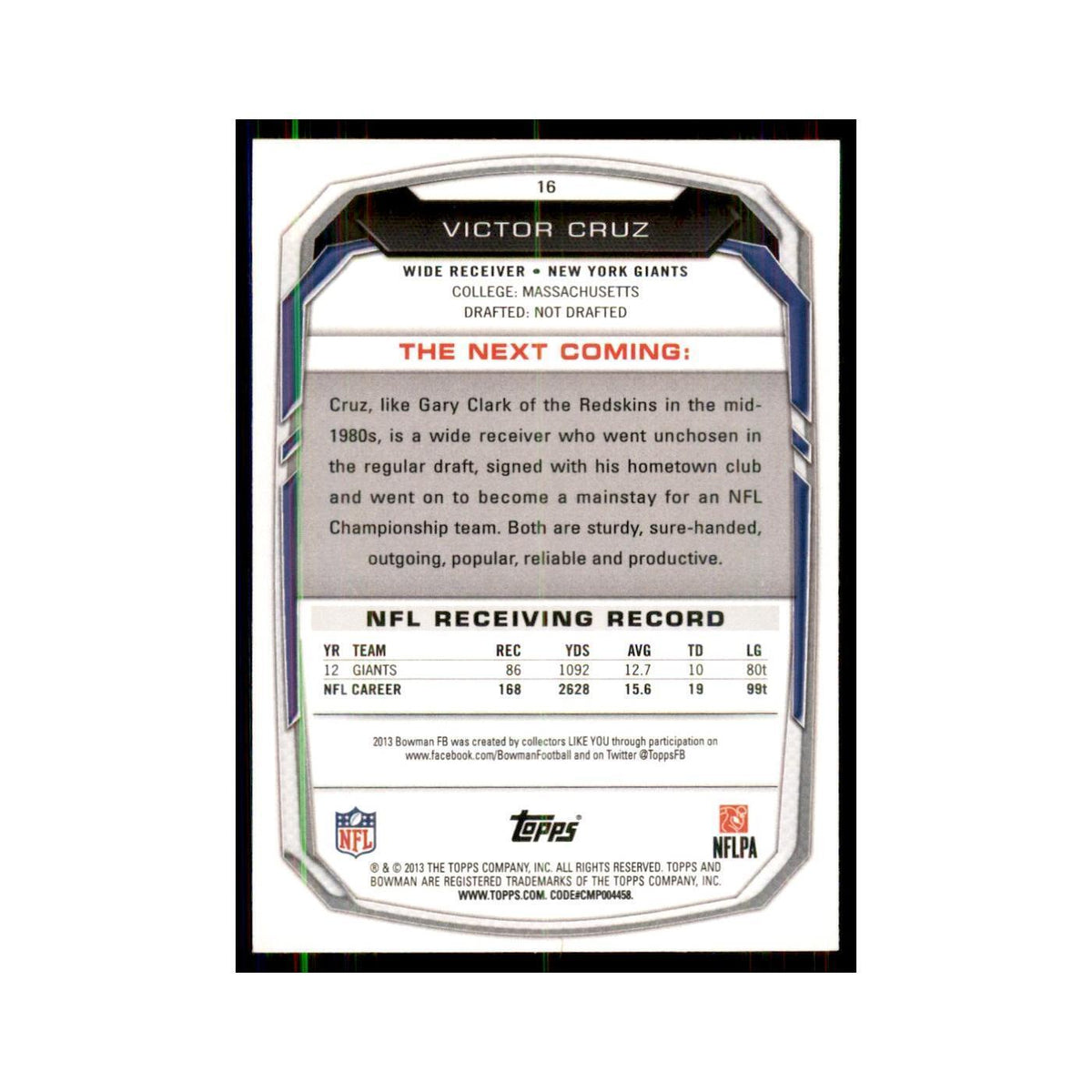 2013 Bowman Victor Cruz Football Cards #16