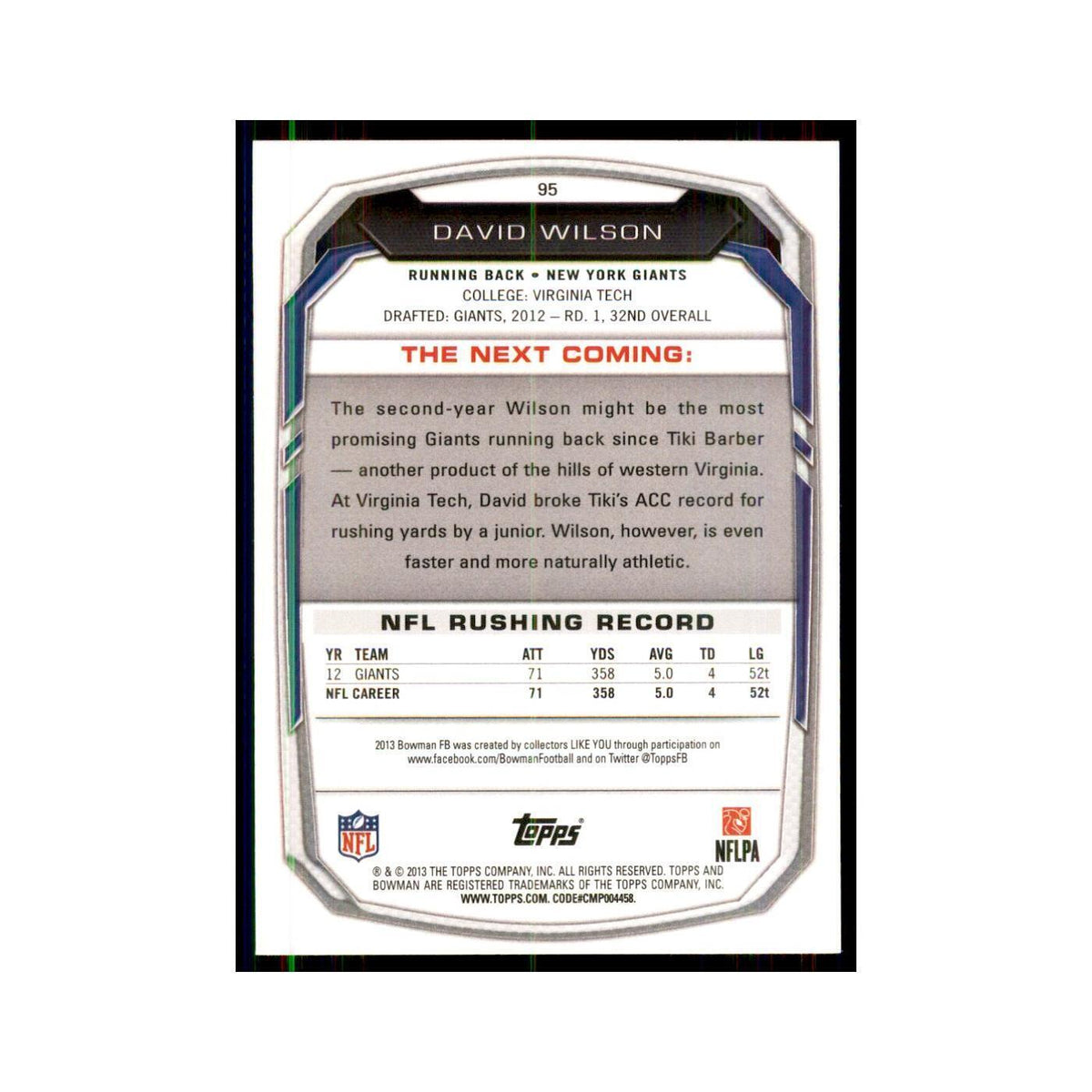 2013 Bowman David Wilson Football Cards #95