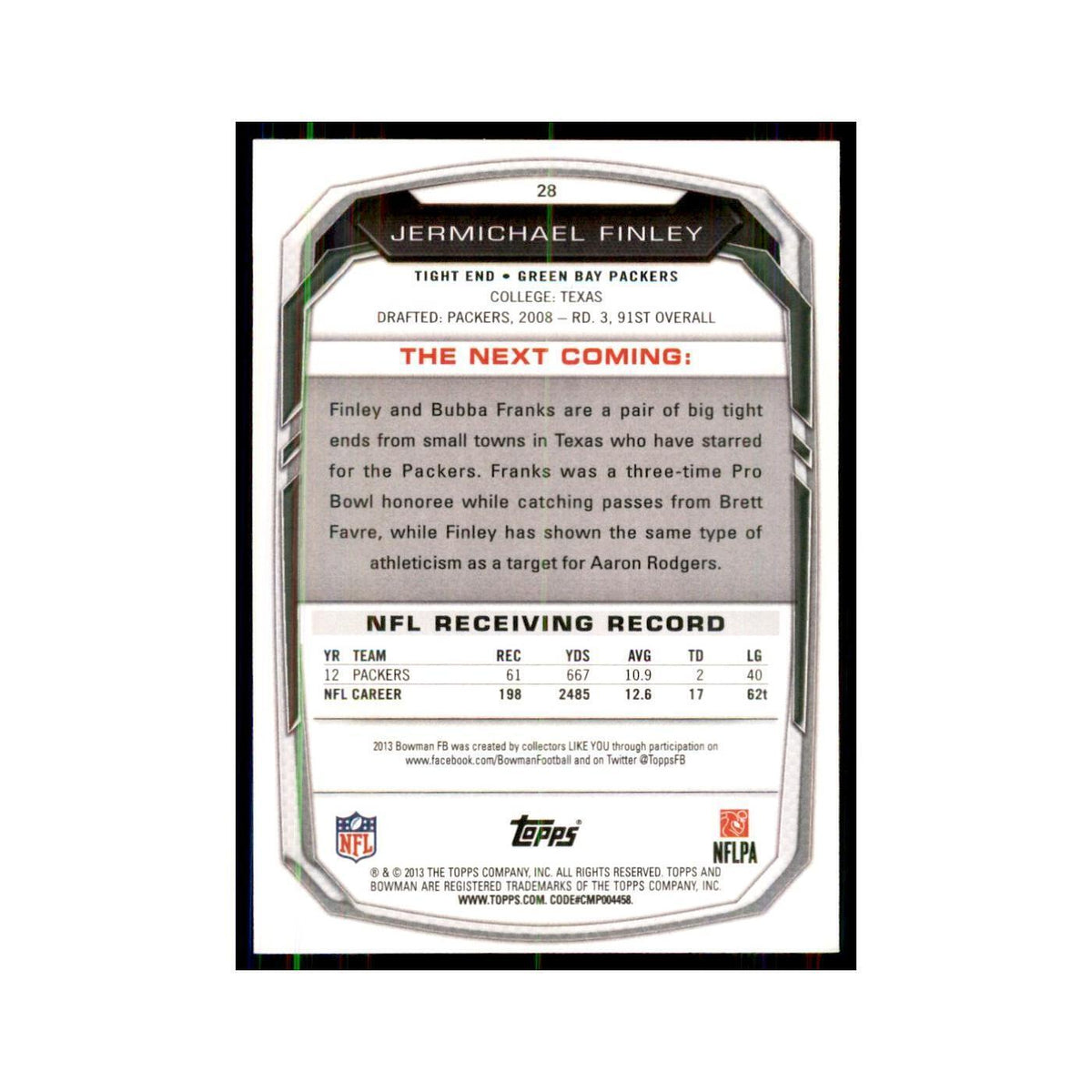 2013 Bowman Jermichael Finley Football Cards #28